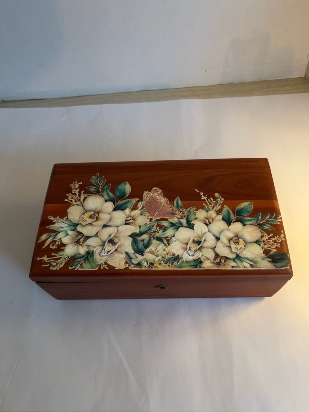 Decorative Wooden Jewelry Box with Floral Inlay - Brown